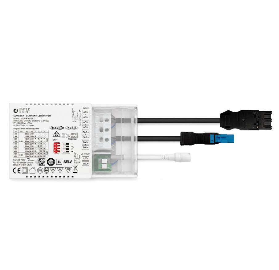 Driver led universal DALI2 650 to 1,100mA/42W loopable + 3+2 pole Wago