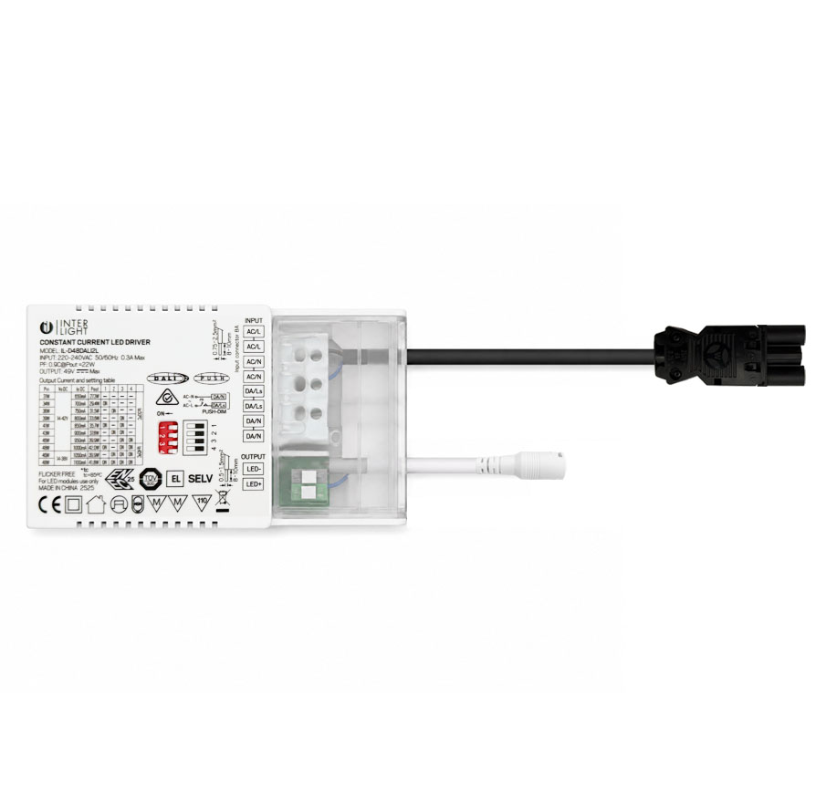 Driver led universeel DALI2 650 t/m 1.100mA/42W loopable + 3 polig Wieland